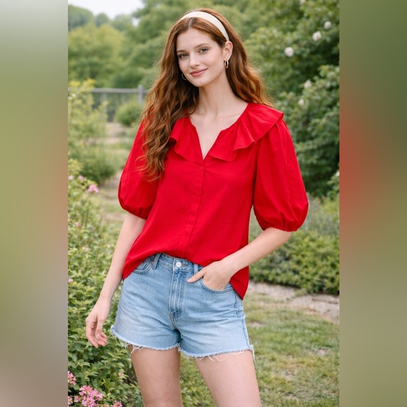 Madewell Tops - Madewell Ruffled Y-Neck Cotton-Silk Top Festival Red XS Puff Sleeve NWT